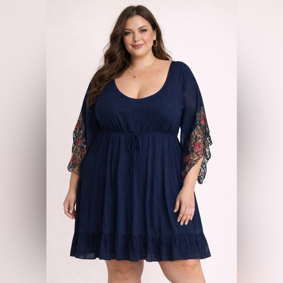 Kings Road Dresses & Skirts - Kings Road Navy Blue Boho Midi Dress with Floral Lace Embroidered Sleeves 3X EUC